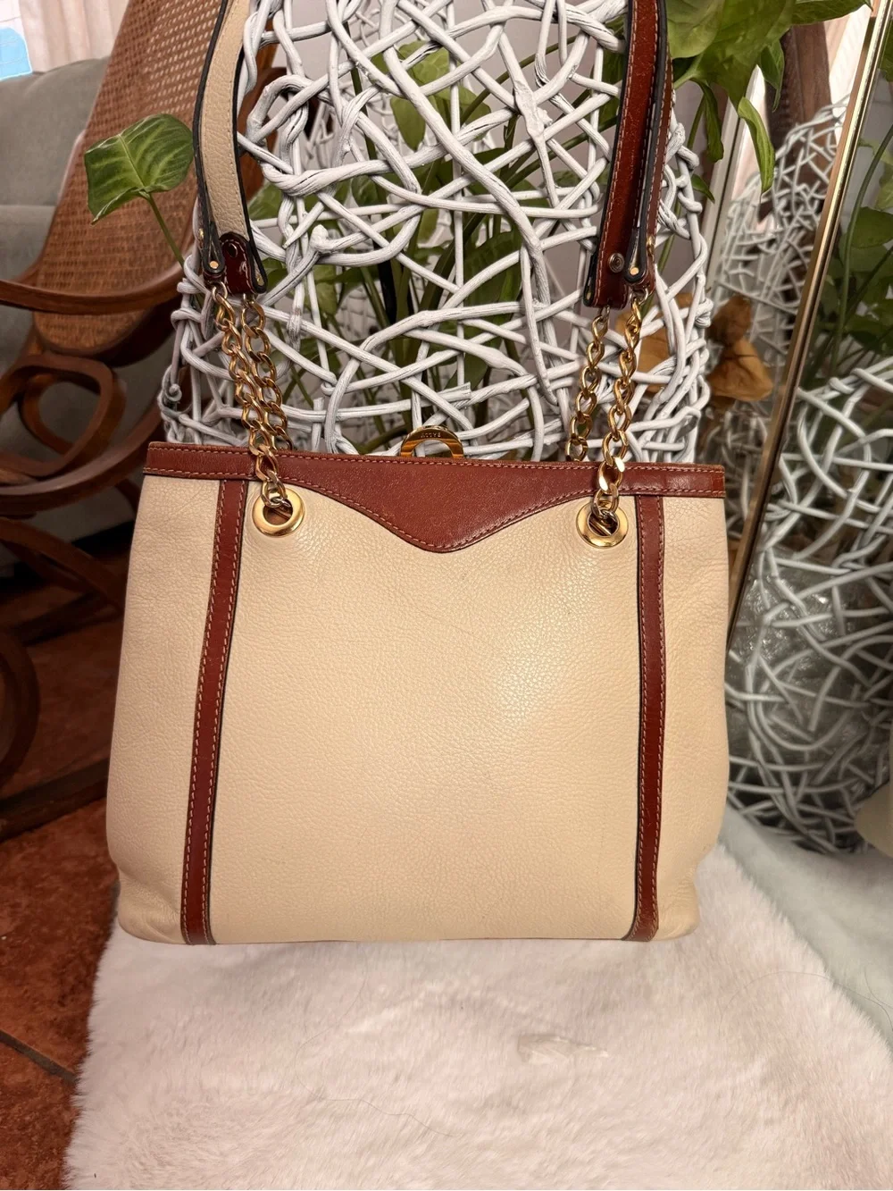 Bally vintage Brown Woven Leather Shoulder Bag with Cream Sides
